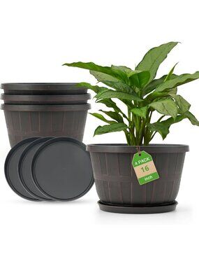 Large 16-Inch Plastic Plant Pots Set of 4 | Indoor Outdoor Planters with